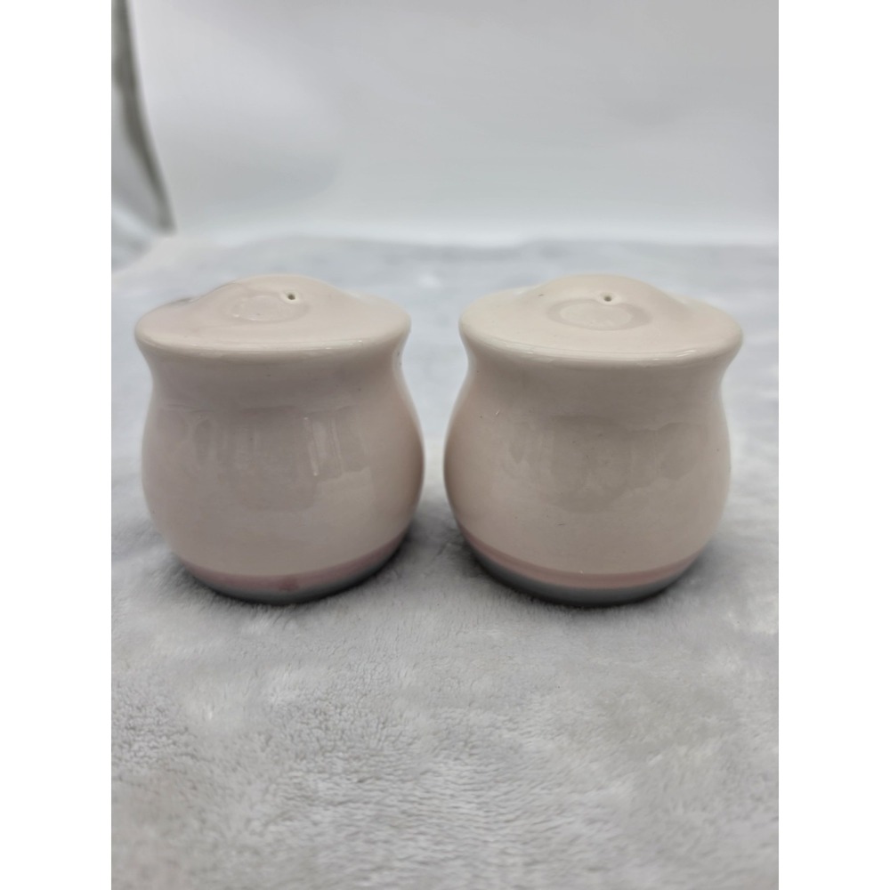 Vintage Stoneware Salt and Pepper Shakers Cream Blue Pink Banded Ceramic Set